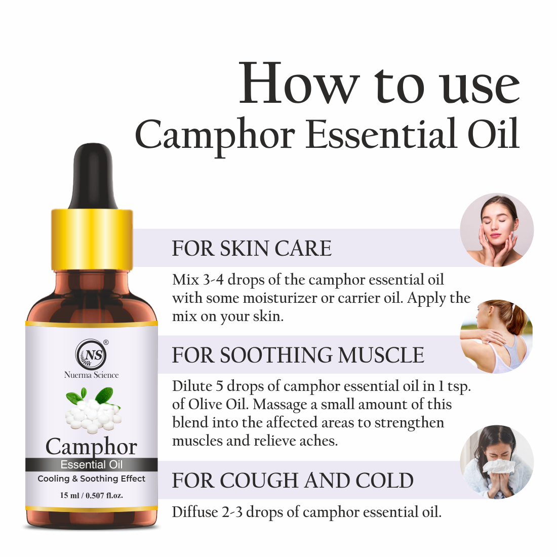 Nuerma Science Camphor (Kapoor) Cold Pressed Oil For Skin & Hair Care - 15m