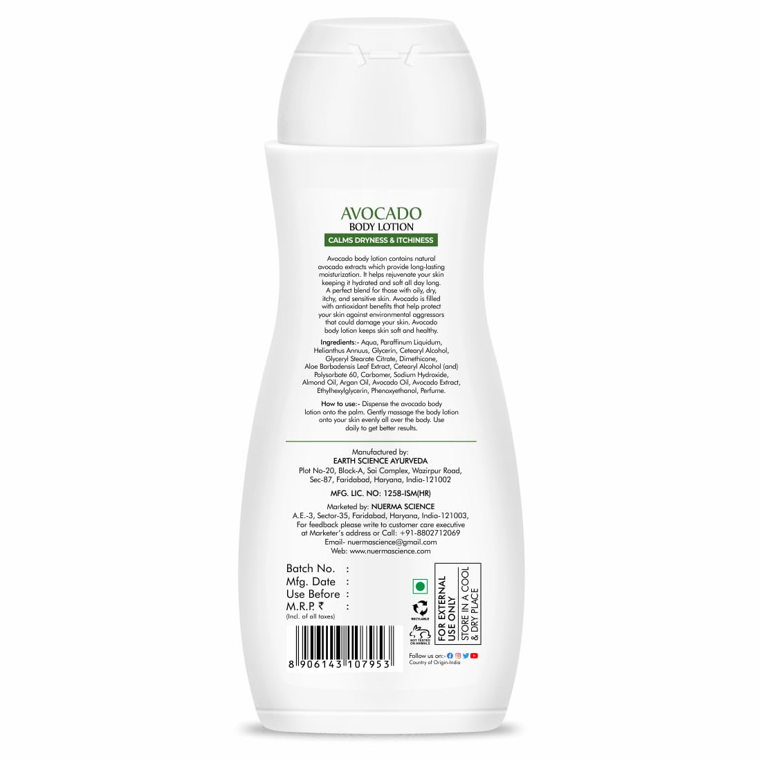 Nuerma Science Avocado Moisturizing Body Lotion for Dry & Sensitive Skin with 24 hr Nourishment - 218ml