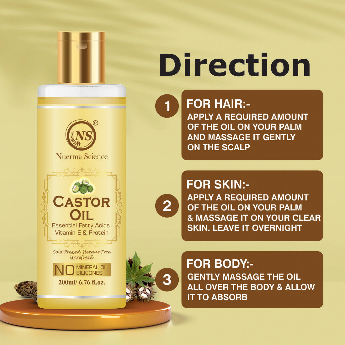 Nuerma Science Castor Oil For Skin & Body | Hydrating & Soothing Massage Oil - 200ml